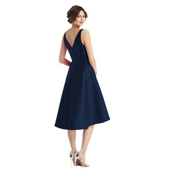 ALFRED SUNG V-neck Satin Twill High Low Dress in Midnight Navy - Picture 3 of 10